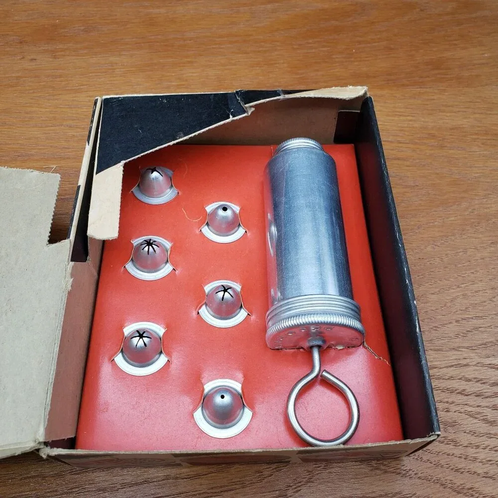 Vintage Aluminum Cake Decorator Set w Tips Original Box Recipes Made USA